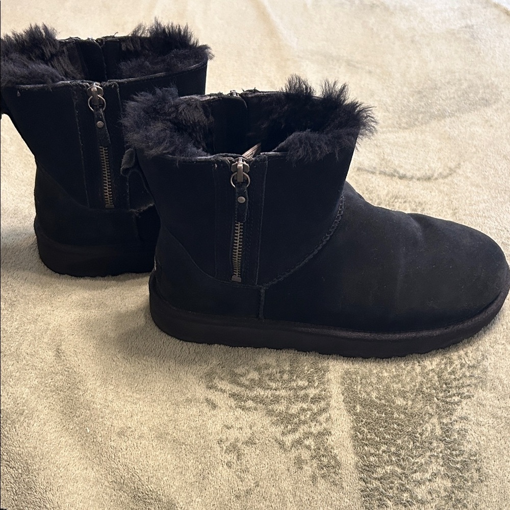 UGG Women’s Black Faux-Fur Slip-On Boots with Double Zip Detail
